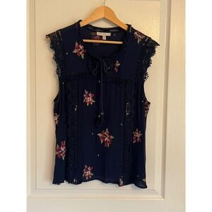 Pale Sky Navy Blue Floral Cross-Stitch Embroidered Crochet Lace Blouse XL